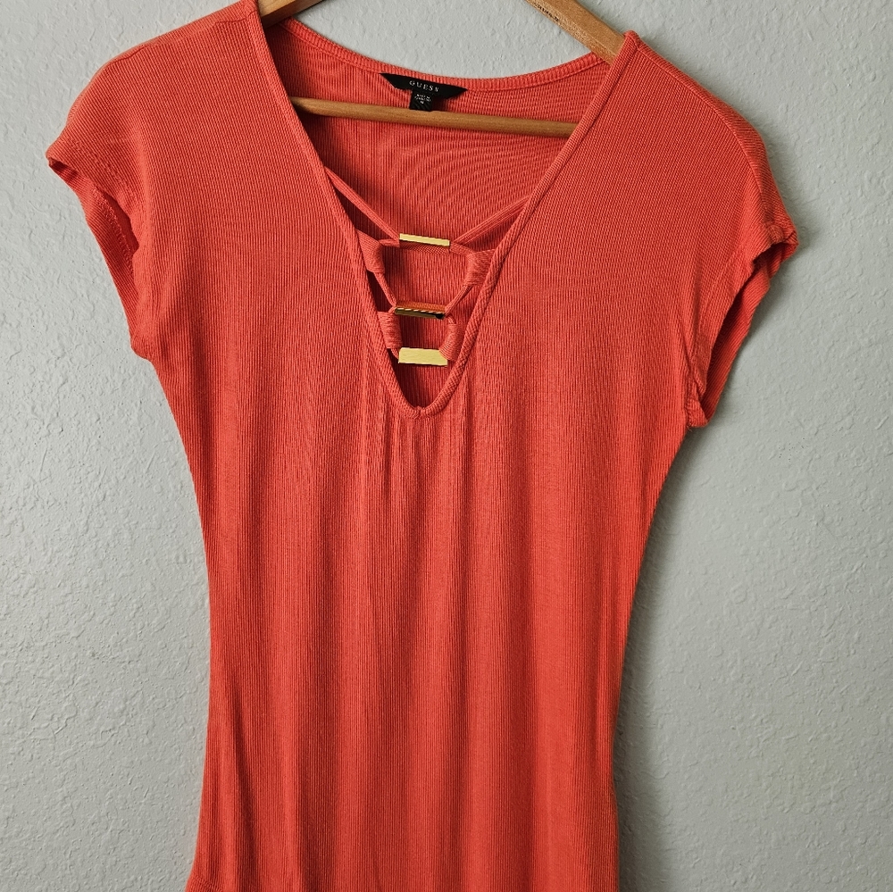Guess Orange Ribbed Tee with Gold Bar Accents